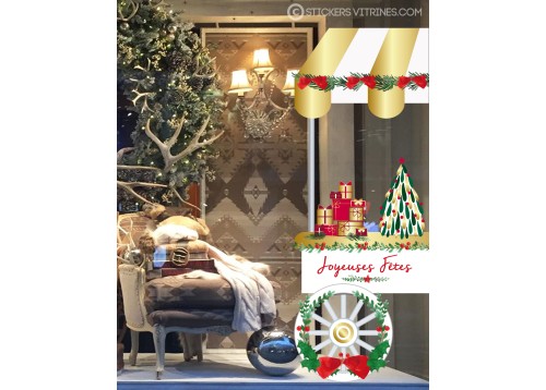 STICKER CHARIOT DE NOEL CADEAUX SAPIN GUIRLANDE VITROPHANIES VITRINES BOUTIQUE MAGASIN FOURNISSEUR IDEE DECORATION