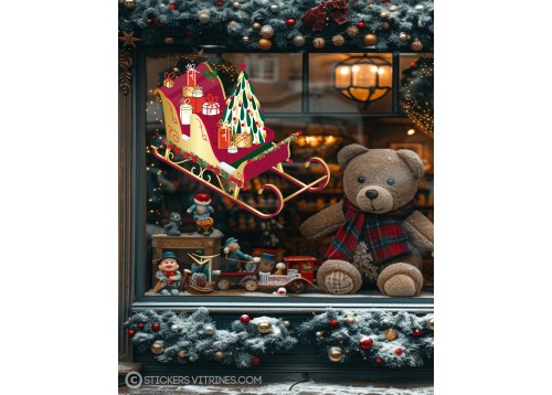 STICKER TRAINEAU DU PERE NOEL SAPIN CADEAU IDEE DECORATION VITRINE MAGASIN PAS CHER VITROPHANIE IMPRIMEUR