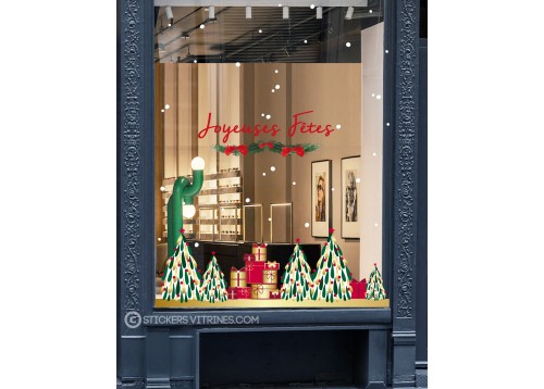 STICKER FRISE CADEAUX SAPIN VITROPHANIES AUTOCOLLANT GEANT PAS CHER JOYEUSES FETES GUIRLANDE MAGASIN BOUTIQUE IMPRIMEUR