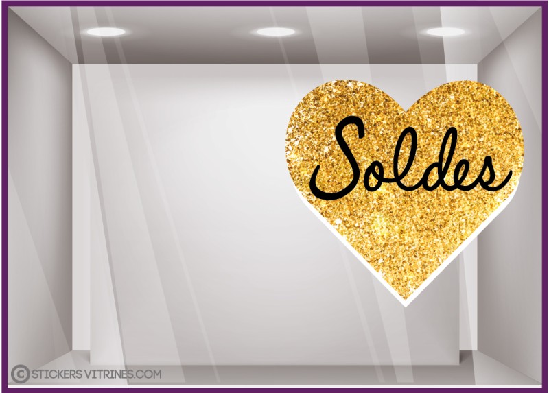 STICKER COEUR PAILLETTES SOLDES OR MAGASIN VITROPHANIE VITRINE BOUTIQUE SIGNALETIQUE PAS CHER