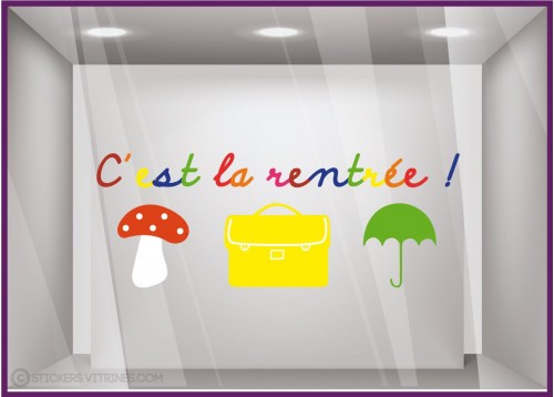 Sticker C'est la Rentree Cartable champignon parapluie magasin enfant boutique maroquinerie vitrine calicot mode
