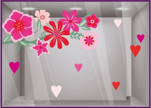 BRANCHE DE FLEURS ST VALENTIN IDEE DECORATION VITRINE MAGASIN BOUTIQUE FOURNISSEUR FABRICANT IMPRIMEUR VITROPHANIE SIGNALETIQUE