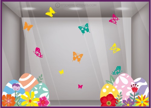 STICKER VITROPHANIE PAQUES OEUF CHOCOLAT PAPILLON VITRINE DECORATION BOUTIQUE MAGASIN BOULANGERIE SIGNALETIQUE AUTOCOLLANT GEANT