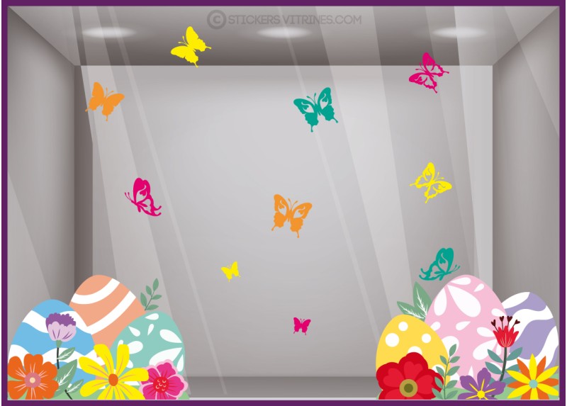STICKER VITROPHANIE PAQUES OEUF CHOCOLAT PAPILLON VITRINE DECORATION BOUTIQUE MAGASIN BOULANGERIE SIGNALETIQUE AUTOCOLLANT GEANT