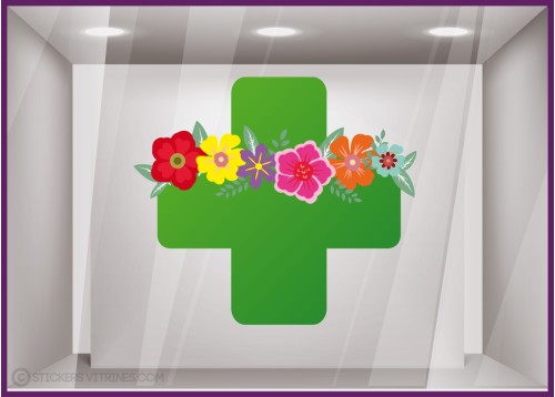 STICKER CROIX DE PHARMACIE FLEURS PRINTEMPS ETE VITROPHANIE MAGASIN SANTE CABINET MEDICAL SIGNALETIQUE ADHESIF FOURNISSEUR