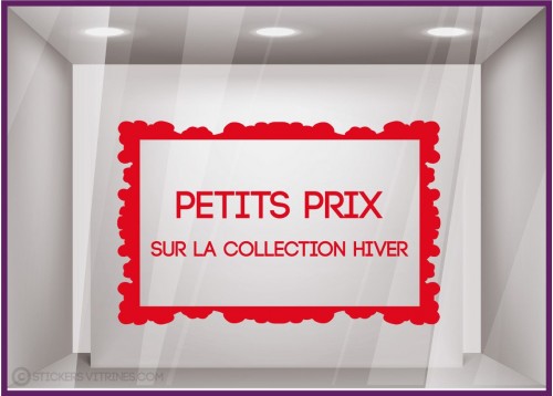 Sticker Petits Prix sur Collection d'Hiver destockage soldes promotions vitrophanie adhesif enseigne devanture lettrage