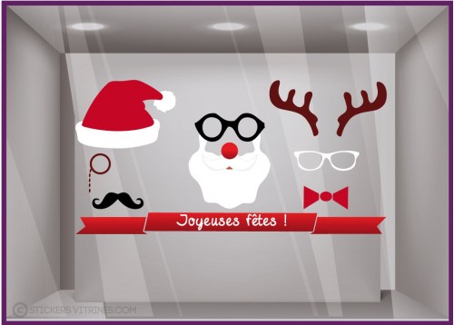 Vitrophanie Sticker Masques de Noël pour décoration de magasin commerce calicot pere noel fetes mode maroquinerie