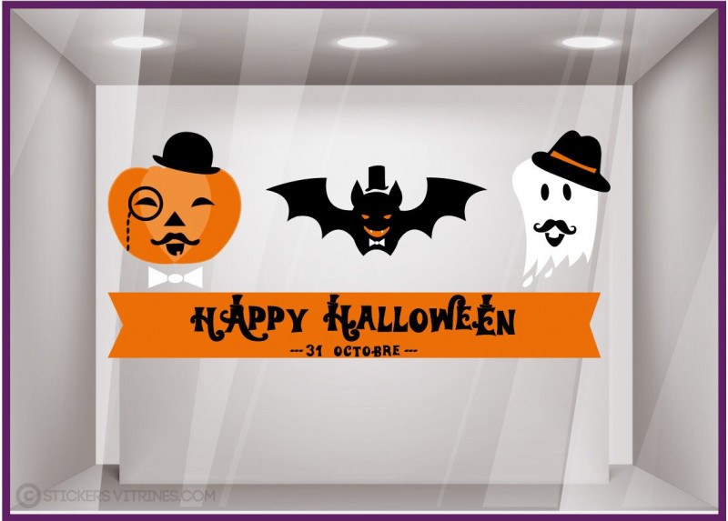 Kit de stickers Happy Halloween-vitrine-devanture-fantome-citrouille-chauve-souris-boutique