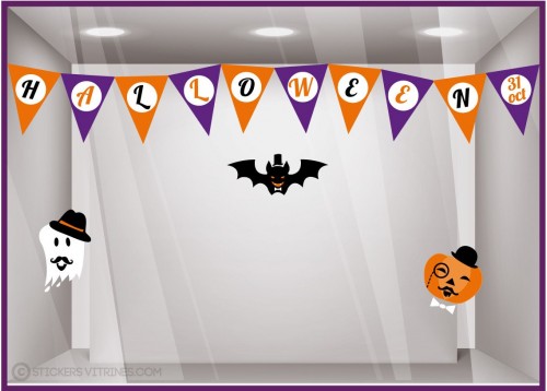 Kit de stickers Halloween-vitrine-devanture-octobre-boutique-magasin-citrouille-fantome-chauve-souris