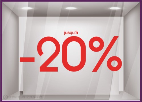 Sticker Jusqu'`a -20% lettrage adhesif pourcentage mode maroquinerie parfumerie vitrophanie destockage braderie